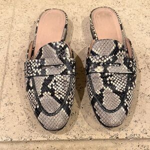 J. Crew Black and Gray Snakeskin Mules